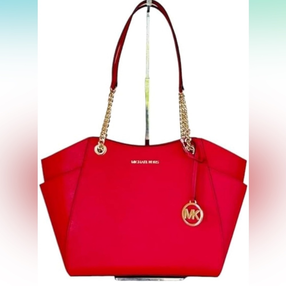 Retail:$558 NWT Michael Kors Red Leather Handbag with Gold Chain & Leather Strap - Picture 3 of 8